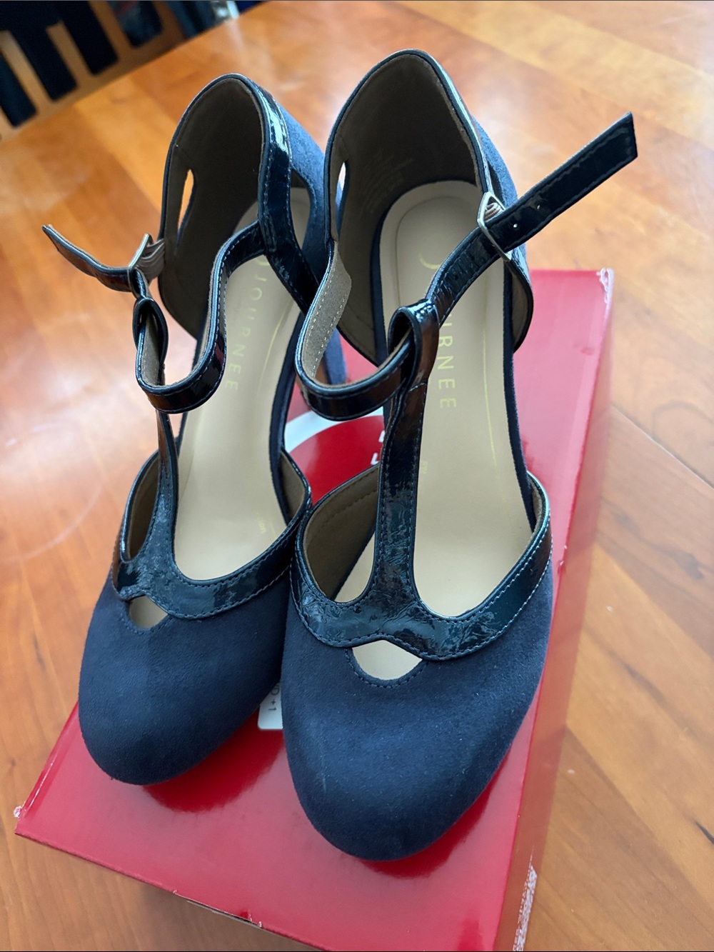 Journee Collection Navy T-Strap Suede Heels